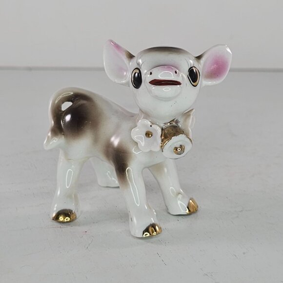 Vintage Ceramic Calf Baby Cow Figurine Flower Bell Collar Anthropomorphic *FLAW - Picture 8 of 8